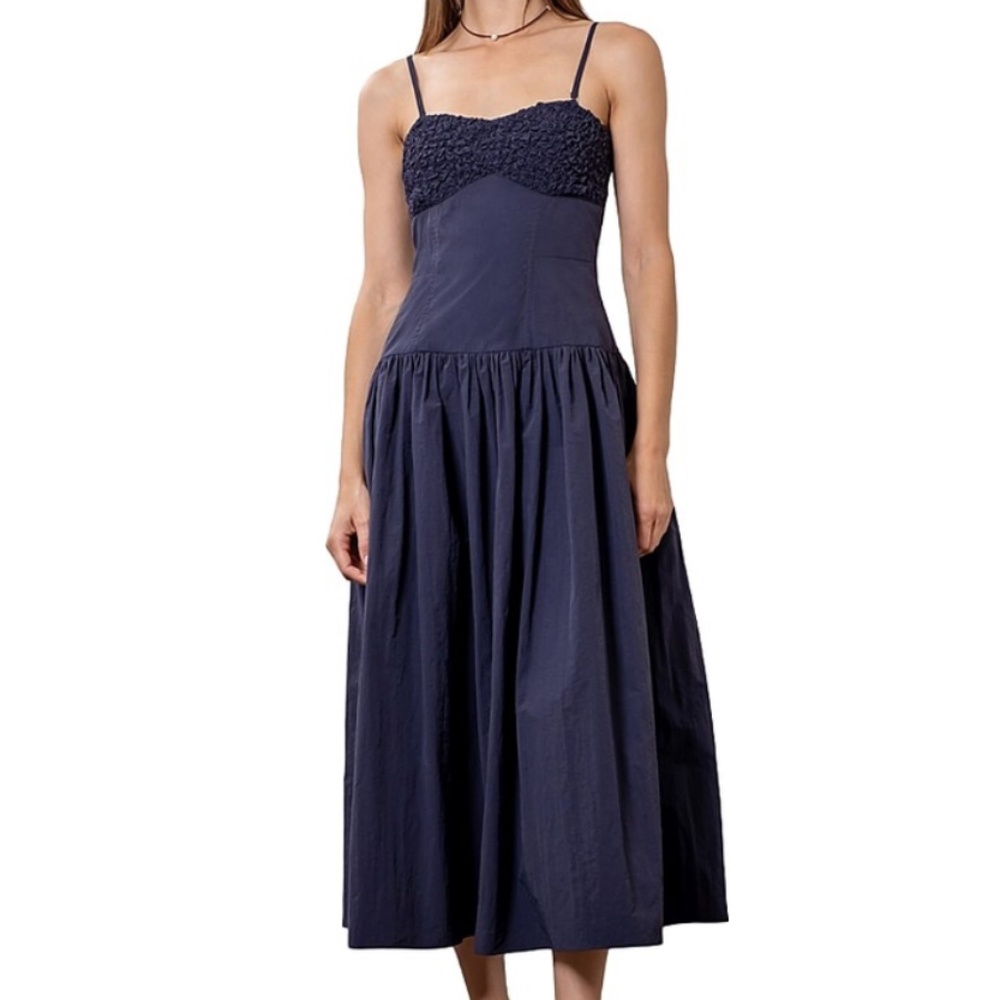 Anthropologie Moon River Sleeveless Midi Shirred Navy Taffeta Dress S Textured